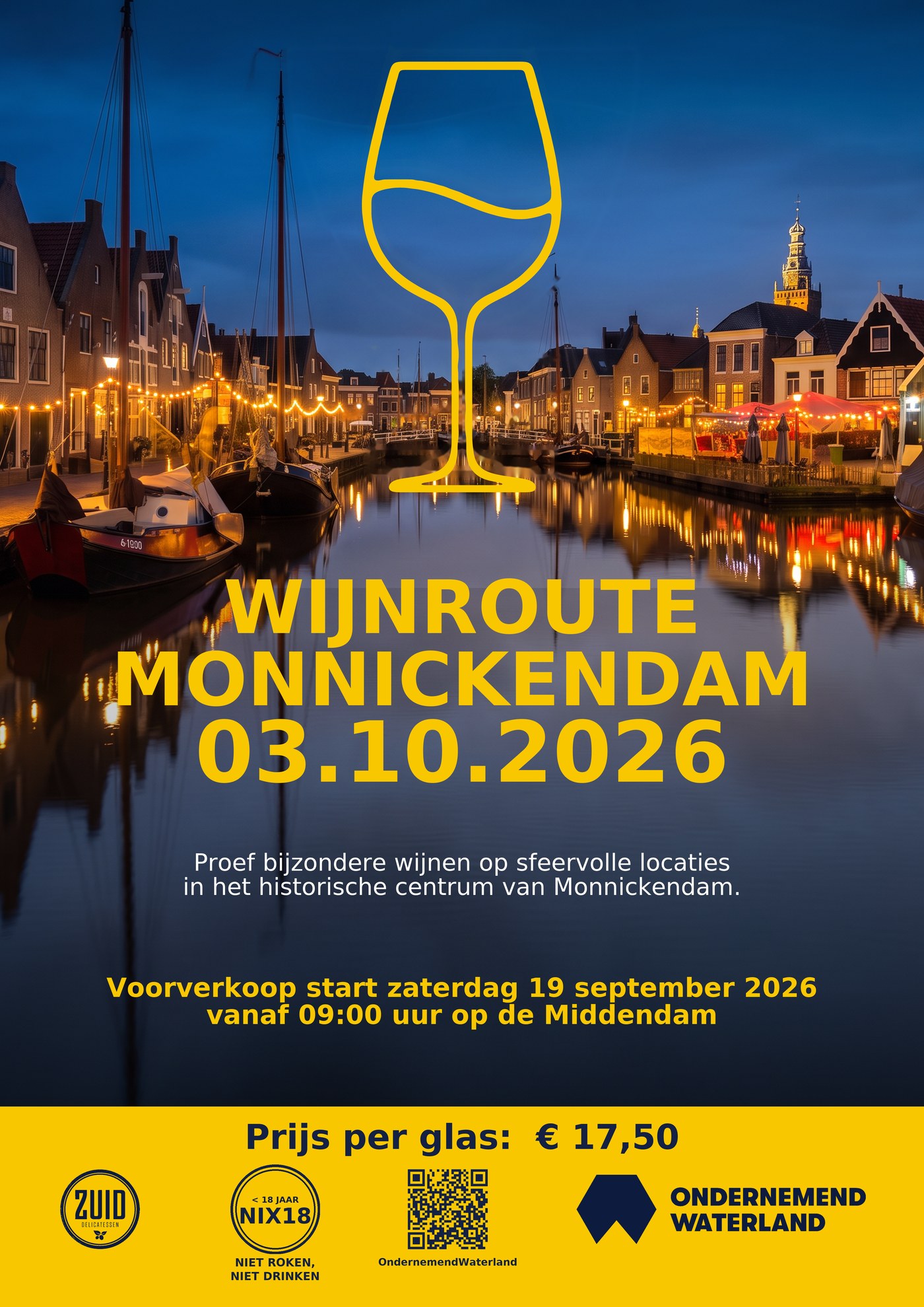 Flyer Wijnroute Monnickendam 3 oktober 2026 met geel wijnglas boven de haven van Monnickendam